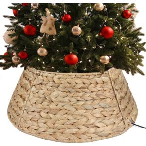 Christmas Tree Collar, Round Tree Collar Hyacinth Handwoven 24in, Christmas Tree Ring Rattan Wicker Rustic Cord Cut Out Metal Frame Decoration to Cover Artificial Tree (Natural)