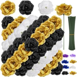 108pcs Roses Head Flowers with Stem - Black Gold White Graduation Artificial Flowers Rose Bulk - Silk Rose Fake Flower for Birthday Wedding Baby Shower Centerpieces Gold Theme Grad Party Tables Decor