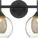 Black and Gold Bathroom Light Fixture, Farmhouse Wall Sconce Lighting with Clear Glass and Honeycomb Metal Shade, 2-Light Black Brass Vanity Light Over Mirror, AD-22001-2W-BK