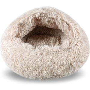 Cat Beds for Indoor Cats,Cat Cave for Puppy and Kitty,Calming Small Dog Bed for Small Dogs with Cover Cave,Cozy Warming Fluffy Washable Anti-Slip Pet Sleeping Bag(20 * 20inch,Beige)