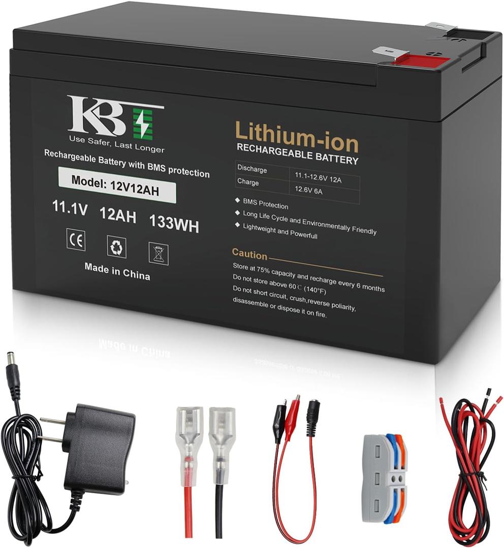 KBT 12V 12Ah Rechargeable Lithium-ion Replacement Battery with 12V Charger, Charging Cable, for Small UPS, LED Light Strip, Power Wheels, Ride On Car, Fish Finder, CCTV Camera, Built-in 10A BMS
