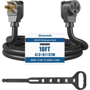 DEWENWILS EV RV Extension Cord 50 Amp, 10 Feet, NEMA 14-50P to 14-50R 6/3+8/1 Copper Wire, 12500W Heavy Duty EV Power Cord, STW Outdoor Waterproof Power Cable, for RV, EV, Camper, ETL Listed (Black)