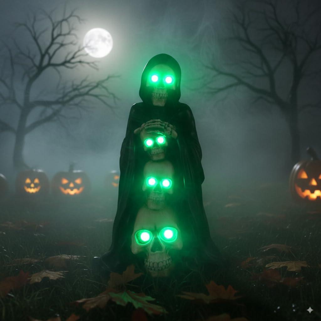 Grim Reaper Skull Halloween Decor 7" - Solar Powered Resin Statue, Unique Skeleton Head & Skulls Garden Decor, Ideal Gift