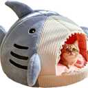 QWINEE Cat Mat Shark-Shaped Kennel Kitten Bed Hideout House Warm Soft Comfortable Semi-Closed Cat Dog Nest Blue L