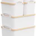 8 Packs Plastic Storage Bins with Lids Storage Organizing Containers Decorative Storage Boxes with Lids for Shelves Closet Desktop Playroom Classroom Office Drawers, White