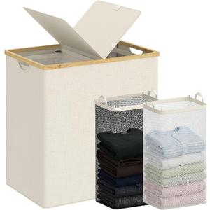 efluky Laundry Hamper with Lid, Double Laundry Hamper with 2 Removable Bags, 2 Section Laundry Basket with Bamboo Handles for Bathroom, Bedroom & Laundry Room, 140L (36.9 Gallon) Beige