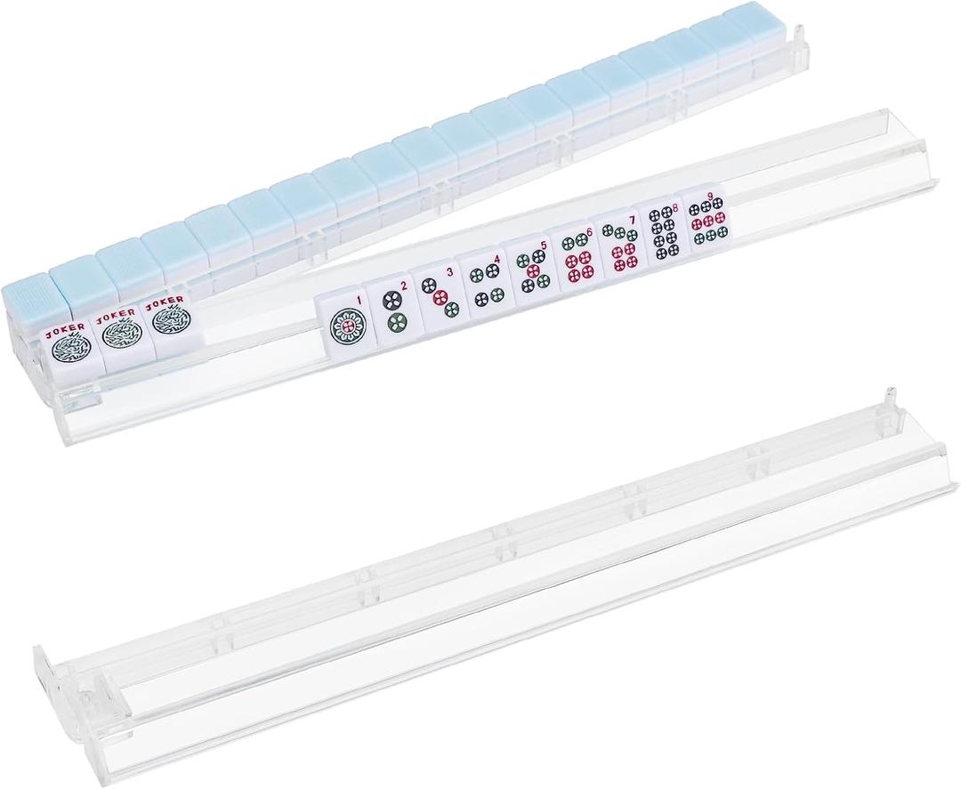 TIASUSAN 4PCS Clear Mahjong Racks with Pushers for 166 American Mahjong Tiles, Mahjong All-in-one Tile Rack with Pusher Combo, 17.8 x 3.1 x 1.2 inches