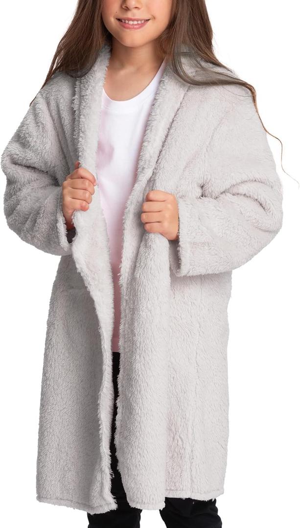 Mad Dog Sherpa Fleece Cardigans for Girls 5-12 Y, Cozy Kids Winter Fall Sweater Coats, Long Jacket for Home & Outdoor Wear (9-10 Years)