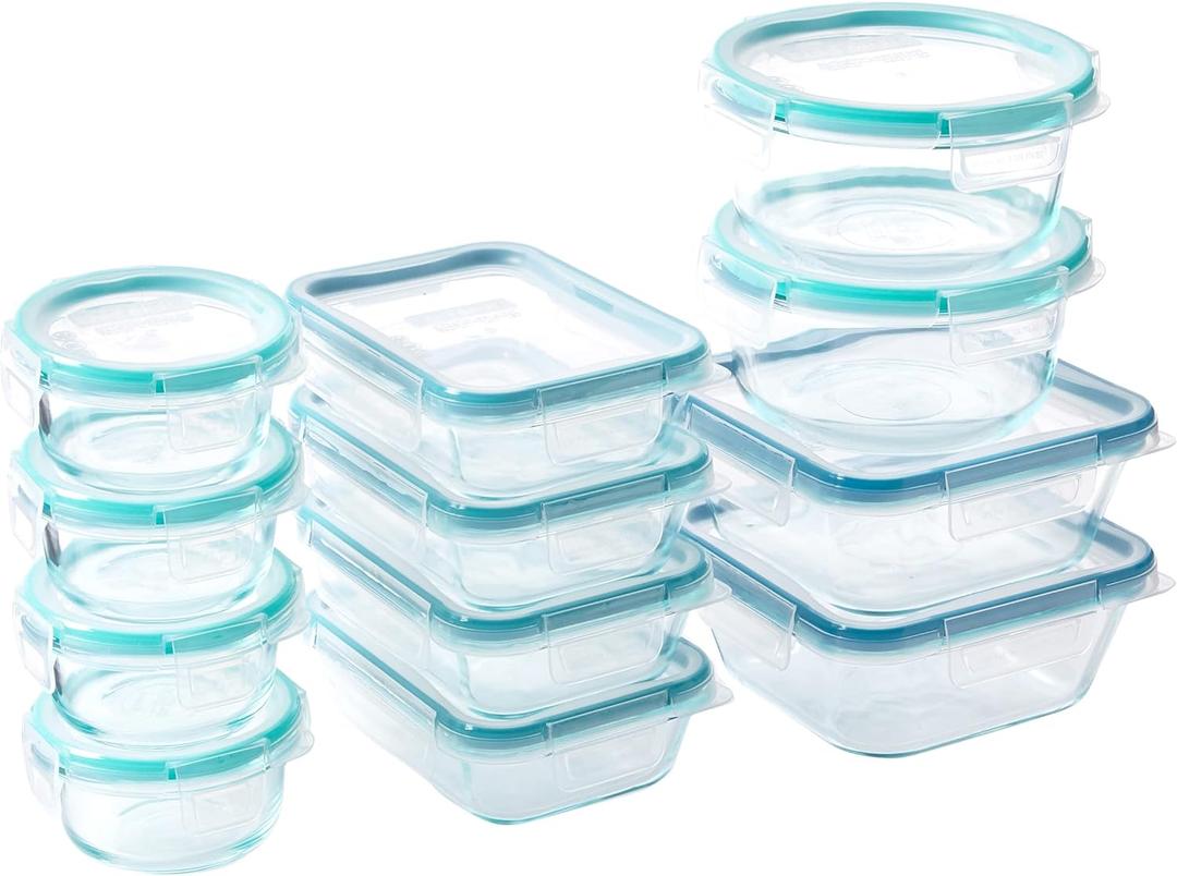 Snapware Total Solution 24-Pc Glass Food Storage Container Meal Prep Set with Plastic Lids, 4-Cup, 2-Cup & 1-Cup, BPA-Free Lids with 4 Locking Tabs, Microwave, Dishwasher, and Freezer Safe