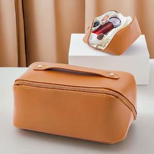 Personalized Travel Makeup Bag, Customized Large Capacity Cosmetic Bag with Printed Name Initials, PU Leather Toiletry Bag for Women, Wide Open Portable Pouch with Divider and Handle, Mothers Day Gift
