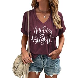 Casual V-Neck Graphic Tees for Women Summer Cute Short Sleeve Holiday Family Match T-Shirt Tops (Small, 717-xmas-dark Red)