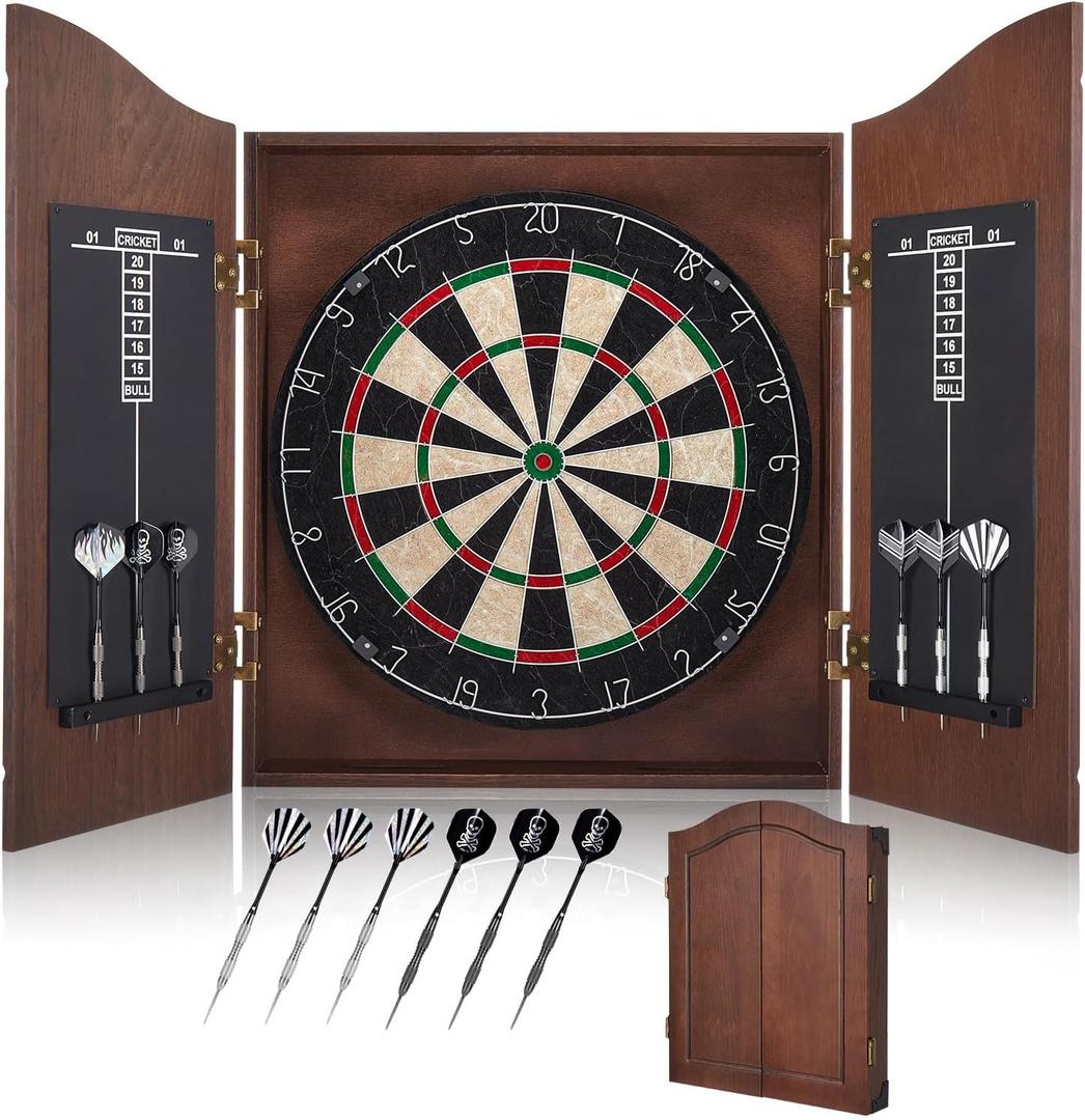 Sisal Dart Board Cabinet Sets, Decorative Dart Boards for Adults [6*Steel Darts] - Wooden Dartboard Cabinet with Integrated Scoreboard for Family Game Rooms