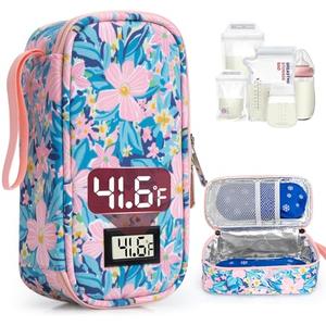 WIBOND Breast Milk Cooler Travel Bag, Real-Time Temperature Display, Holds 4-6 Breastmilk Storage Bag with 2 Breast Milk Ice Pack, Cooling & Waterproof Portable Cooler for Moms on the Go (Pink Flower)