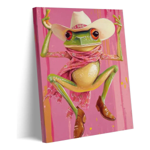 Pink Trendy Frog Canvas Wall Art Cute Cowboy