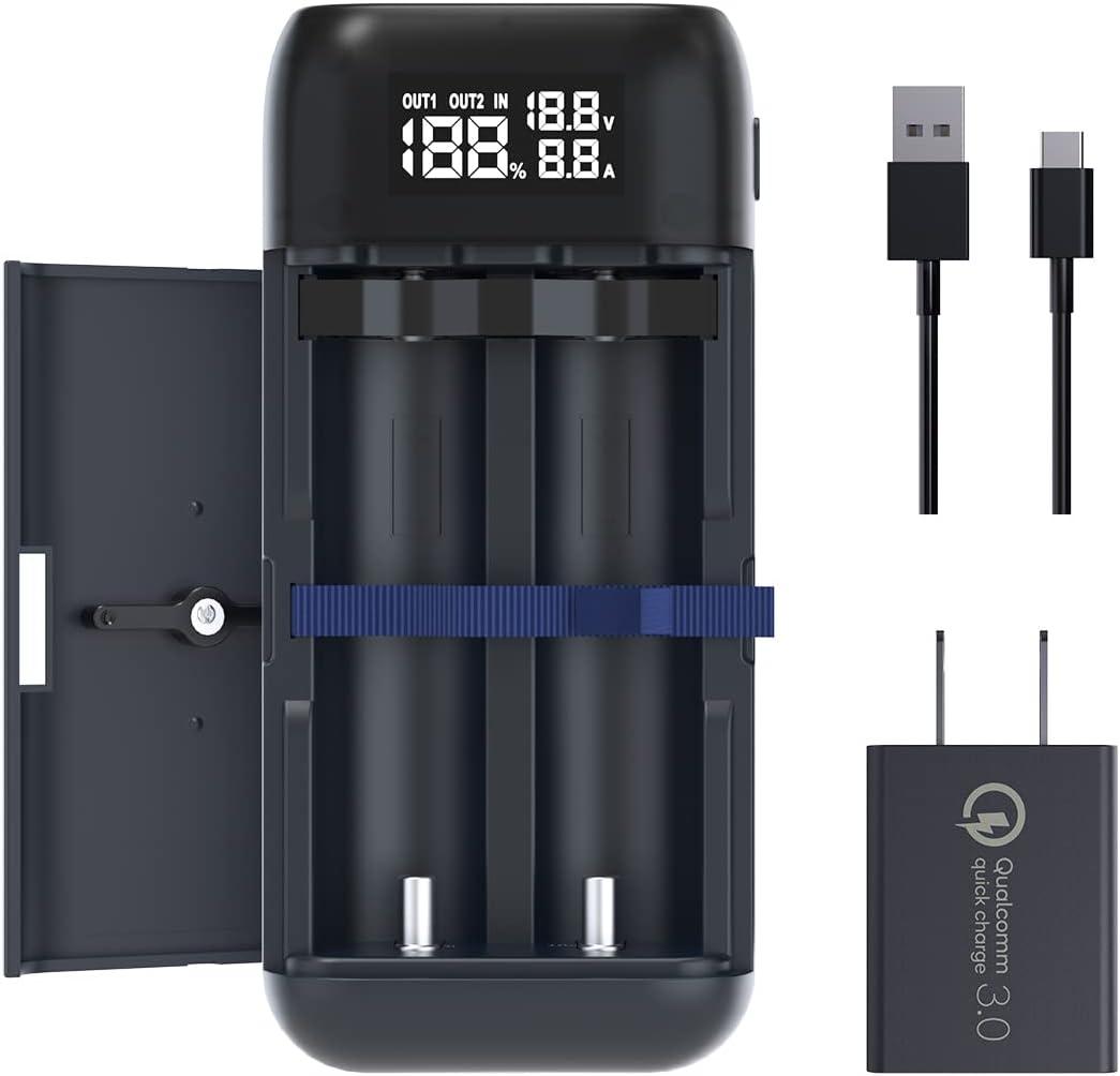 PC2 18650 Battery Charger with XTAR QC3.0 18W Wall Charger USB C Port 21700 Battery Charger with USB Output Function for 18650 20700 21700 Batteries-Not Included Batteries