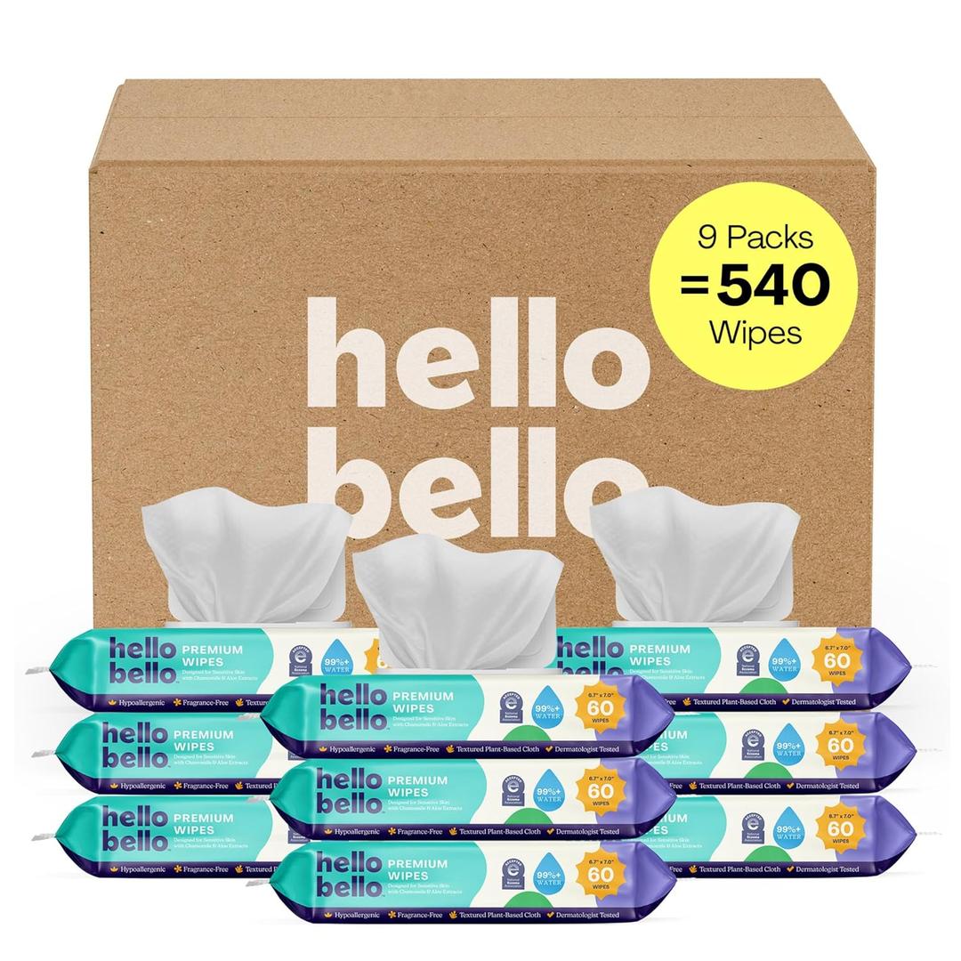 Hello Bello Premium Fragrance-Free Baby Wipes, with Chamomile & Aloe Extracts for Sensitive Skin - 9 Resealable Packs = 540 Total Wipes
