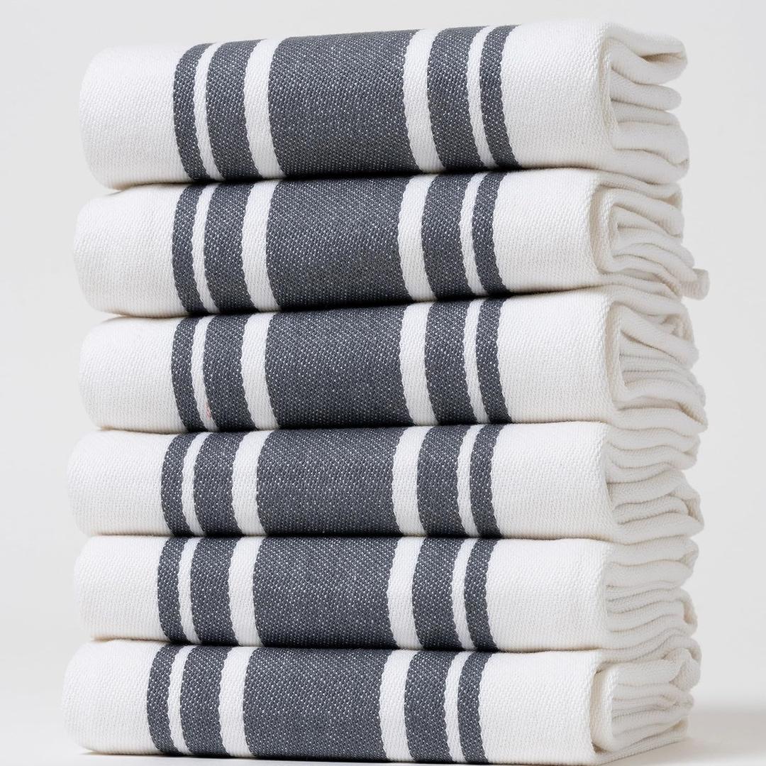 Kitchen Towels Set  Pack of 6 (20 x 30) Extra Large Premium Cotton Dish Towels for Kitchen  Super Striped Towels  Absorbent  100% Cotton  with Hanging Loop  Dark Grey