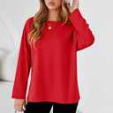 Women's Oversized Long Sleeve Shirts Crew Neck Casual Tops Loose Fit Side Slit Fall Tees (Red, S)