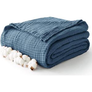 100% Cotton Muslin Blanket Queen 90" x 90", 6 Layers Breathable and Lightweight Cotton Throw Blanket for Bed, Soft Quilt Bedspread Coverlet, Gauze Blanket for Adults All Season, Blue
