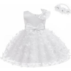 LZH Baby Girl Dress Bowknot Butterfly Tutu Dress Infant Toddler Flower Girls Wedding Birthday Dresses with Headband (12-18 Months, White)