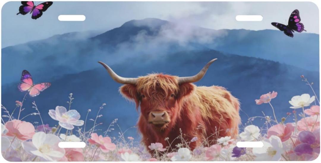 Highland Cow Pastel Flower Meadow Butterflies Mountain Front License Plate Aluminum Decorative License Plates Novelty Vanity Tag Cover 6"X12" Car Decor Accessory with 4 Holes for Men Women (Purple)