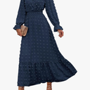 Women Spring Dresses 2025 Long Sleeve V Neck Swiss Dots Maxi Dress Boho Long Dress High Waisted A-Line Ruffle Dress,L