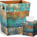 Kathfly 2 Pcs Wood Trash Can & Tissue Box Holder Set, Boho Distressed Wood Wastebasket with Antique Bronze Handle & Matching Square Tissue Box Cover, Farmhouse Rustic for Home, Bathroom, Kitchen