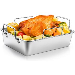 Roasting Pan, 14*10 Inch Stainless Steel Turkey Roaster with Rack - Deep Broiling Pan & V-shaped Rack & Flat Rack, Non-toxic & Heavy Duty, Great for Thanksgiving Christmas Roast Chicken Meat Lasagna