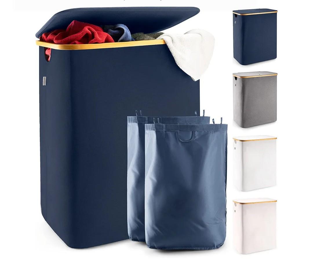 LONBET Laundry Basket with Lid, Made from Breathable Fabric | Aesthetic Clothes Hampers for Laundry with Side Handles & Sturdy Bamboo Frame (40 Gallons - Double, Blue)