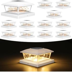 VOLISUN Solar Post Cap Lights Outdoor 12Pack, White Fence Cap Lights Solar Powered Fits 4x4 6x6 Wooden/4x4 5x5 Vinyl Post, Firefly filaments Lighting for Garden/Patio/Porch,with Warm White