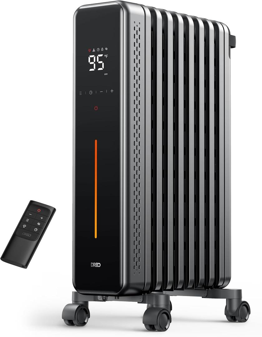 DREO Oil Filled Radiator Heater for Indoor Use, 8 Safety Protection, 1500W Electric Heaters for Large Room, 8 Fins, with Remote, 4 Modes, Digital Thermostat, 24H Timer, Quiet