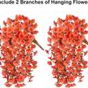 Fake Mums Artificial Fall Hanging Flowers for Outdoors Decoration, 2 PCS Fake Silk Morning Glory with Brown Eucalyptus UV Resistant Plants for Wall Home Porch Patio Balcony Yard Decor (Orange)