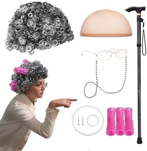 Santoy Old Grandma Wig Costume Set for Women and Girls - Perfect for 100th Day of School, Halloween Cosplay, Includes Lady Granny Gray Wig, Cane and Other Accessories for Adults and Kids