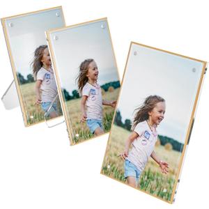 Acrylic 5x7 Picture Frame With Gold Edge Pack of 3, Desktop Clear Photo Frame, Magnetic Display Sign Holder (5x7 Inch)