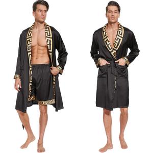 N&D Eyong Men's Luxurious Silk Feeling Bathrobes Long Sleeve Satin Kimono Robe with Shorts Sleepwear Set Printed Bathrobes, 6XL
