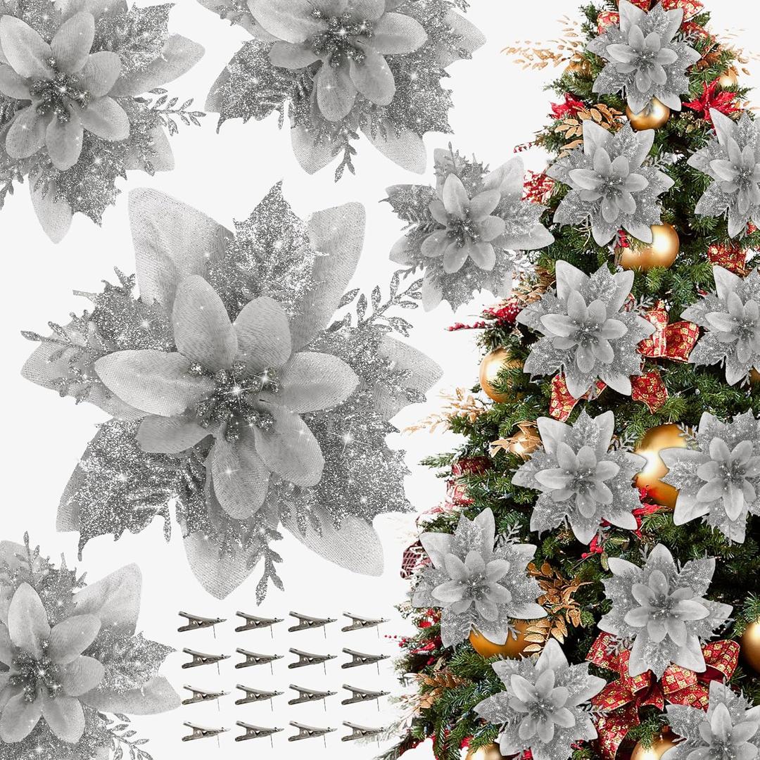 16 PCS Poinsettia Flower Artificial Poinsettia Christmas Decorations Glitter Poinsettias Christmas Ornaments Christmas Tree Flower Decorations with Clips DIY Xmas Wreath Holiday Weed Home Party Decor (Silver)