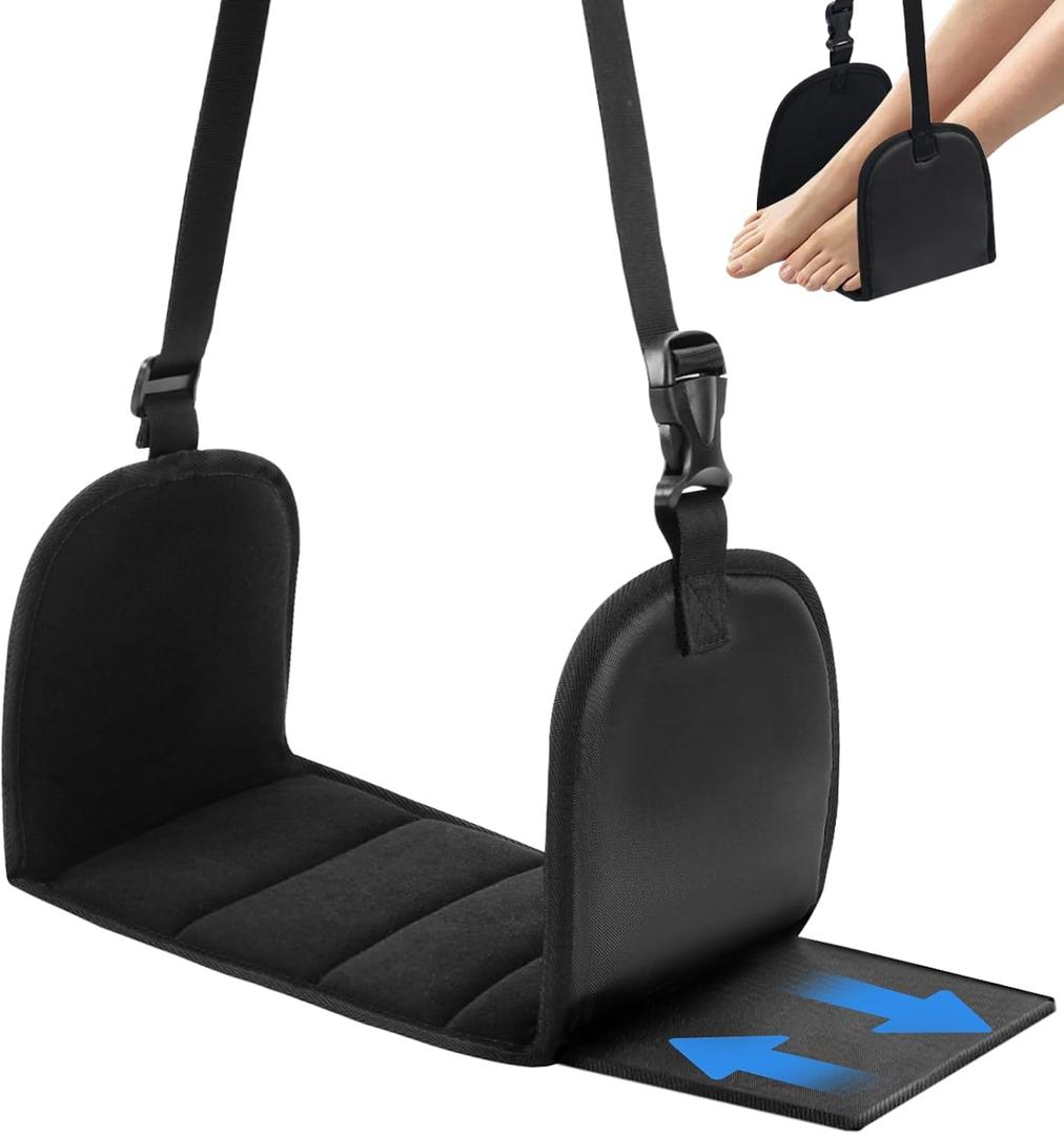Airplane Foot Hammock with Removable Base & Memory Foam - Wide Hardboard Support No-Collapse Foot Rest for Long Flights, Office, Travel - Thickened Design Relieves Foot Pain (Black, Travel Essentials) (1 Pack)