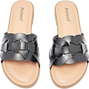 Ataiwee Women's Braided Flat Slide Sandals - Chic Summer Shoes with Round Toe and Cover Strap Detail, Easy Slip-On Design, Rubber Sole Strappy Sandals. (6, Black)