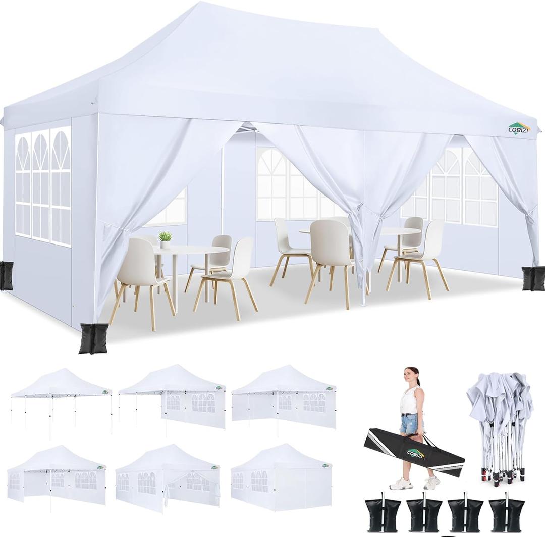 COBIZI 10x20ft Pop Up Canopy Tent with 6 Removable Sidewalls, Easy Up Commercial Canopy, Waterproof and UV50+ Gazebo with Portable Bag, Adjustable Leg Heights,Party Tents for Parties, with 4 Sandbags (White)