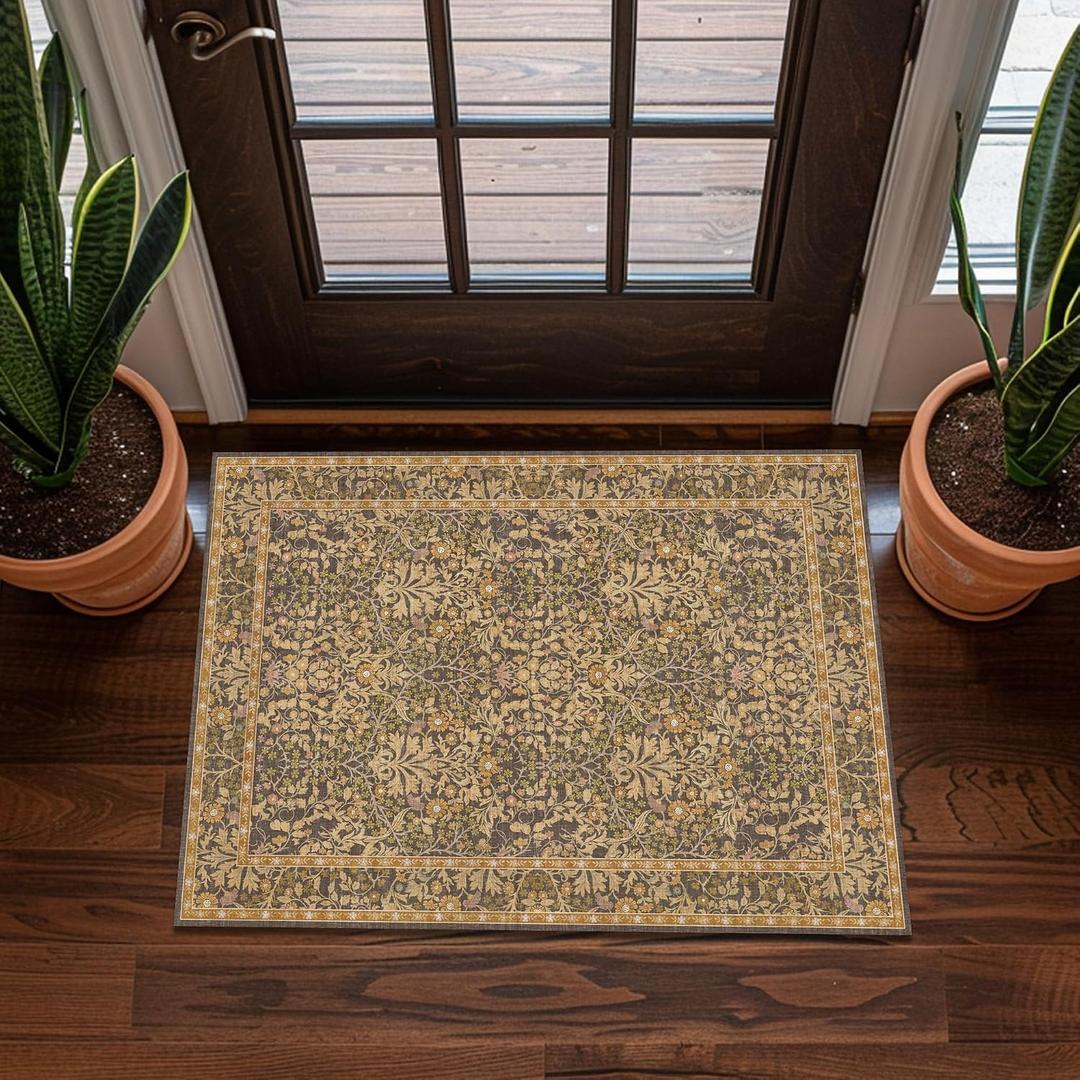 2x3 Area Rug Washable Entry Rug, Vintage Floral Thin Rug for Kitchen, Non-Slip Bathroom Small Rugs, Front Door Throw Rugs Indoor, Boho Entryway Decor (2x3 Goldenrod)