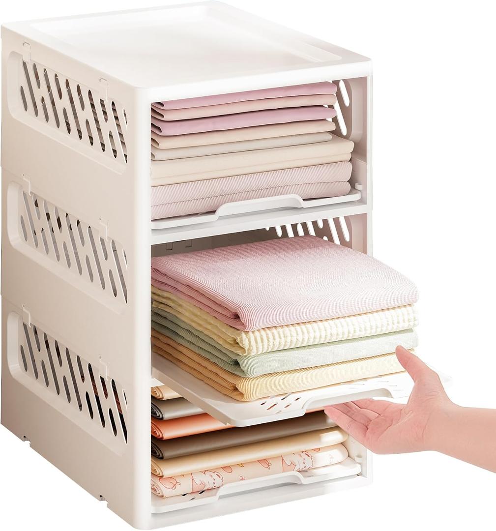 Stackable Closet Organizer Box with lid Plastic Drawer Storage for Armoire and Wardrobe, Foldable Clothes and Towel Storage Basket Bins for Kitchen, Bedroom, Bathroom, Laundry Room, Clothing