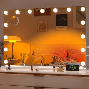 Hasipu 31"x22" Vanity Mirror with Lights, Makeup Mirror with Lights and Magnification, Hollywood Mirror with 3 Color Modes, LED Make up Mirror, Light up Mirror with USB & Type-C Charging (Round White)