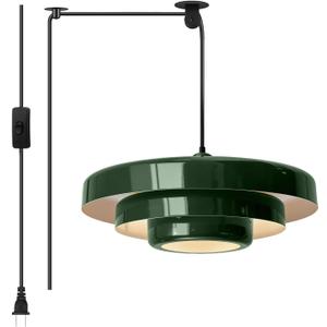 Plug-in Green Pendant Light, Mid Century Hanging Lamp Fixtures with Pulley and Plug in Cord 3-Layer Shade Nordic Style Pendant Lighting Metal Shade for Living Room Dining Room Bedroom Kitchen Island, 17.72 inches