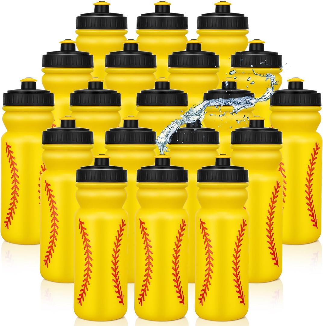 Nitial 20 Pack Softball Squeeze Water Bottle Bulk 20 oz Sports Bottle with Pull Top Lid Plastic Reusable Gifts Tumbler for Sports Travel Gym Party Supplies (Yellow)