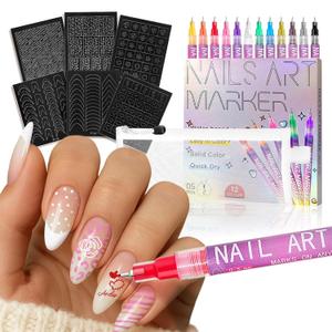 Nail Art Pens Stickers Set, 0.5MM 12 Colors Nail Polish Pens and 6 Sheets Decals 1 White Pencil Pouch for Women Manicure Art Decorations, Drawing Pen for Manicure DIY Supplies