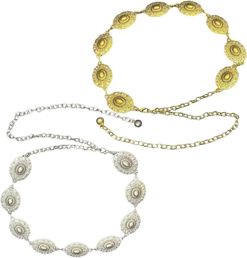 2 x 2PCS Western Chain Belt, Gold and Silver Western Metal Belts for Women, Adjustable Boho Belt for Dress Jeans, Music Festival, Country Concert Outfit