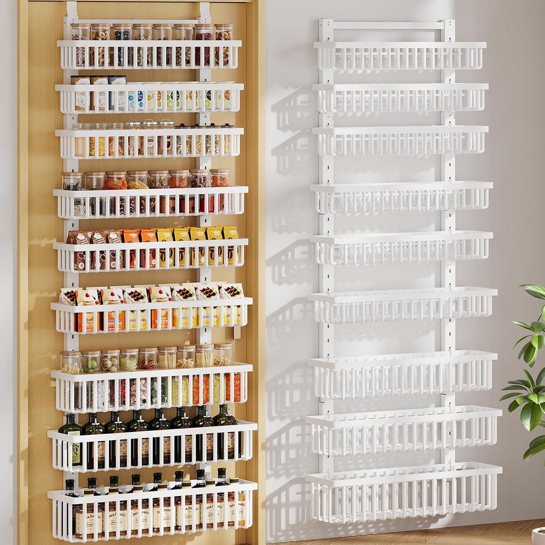 POKIPO 9 Tier Over The Door Pantry Organizer, 2 in 1 Wall Mount or Hanging Spice Rack with Adjustable Deep Basket, Heavy-Duty Seasoning Organizer and Storage for Kitchen Cabinet Closet Bathroom