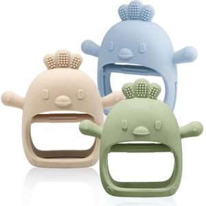 3 Packs Baby Teething Toy Silicone Teething Mitten for Babies Over 3 Months Anti Dropping Wrist Hand Teethers Baby Chew Toys for Sucking Needs, BPA Free (Olive, Caramel & Blue)