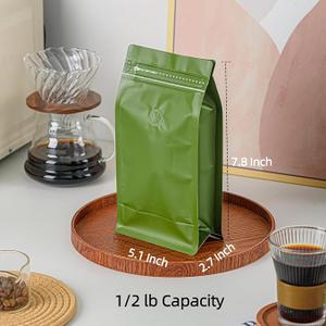 50 Pcs 0.5lb Green Long Coffee Bean Bags with Valve, Easy Tear Open & Repeating Sealed Zipper, Heat-Seal Stand Up & Flat Bottom Coffee Bag, 8oz Capacity 5.1x7.8 Inch (8oz/Rectangle)