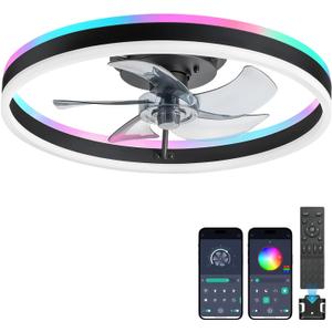 20'' RGB Ceiling Fans with Lights and Remote, LED & Easy Install | Vertical wind direction design, 6 speeds, dimmable, smart flush mount ceiling fan, for bedroom, living room